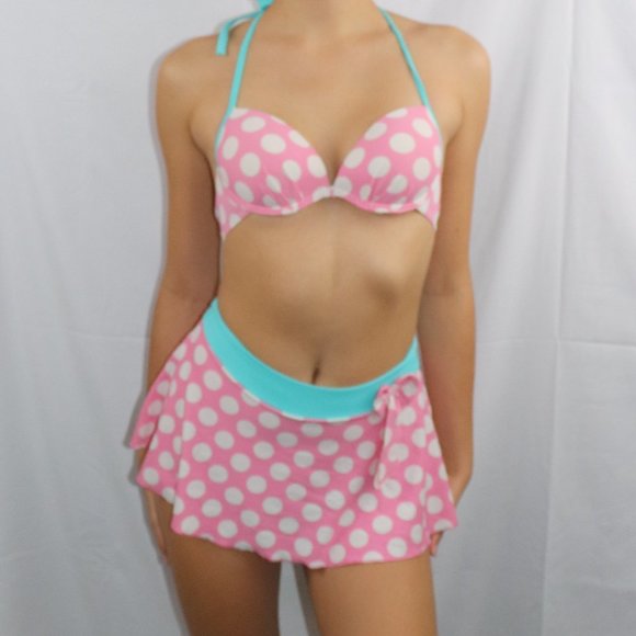 Other - Polka Dot Pink White Teal Push Up Skirt Bikini